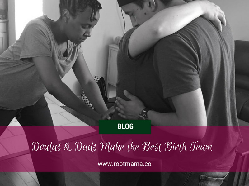 African-American doula working with a dad to support mother in active labor in Fort Worth TX RootMama